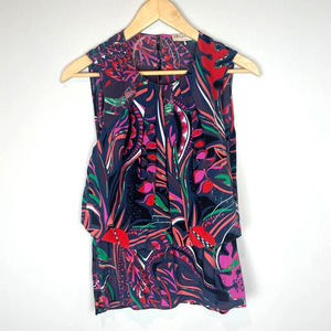 EMILIO PUCCI Dark Grasshopper Print Sleeveless Peplum Silk Top